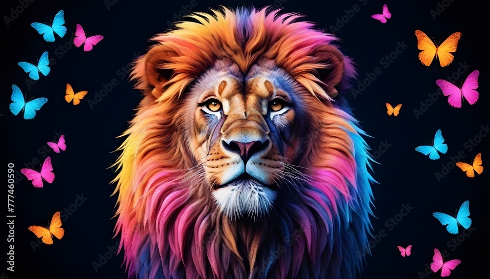 Colorful lion with a mane in shades of purple , surrounded by butterflies on a dark background
