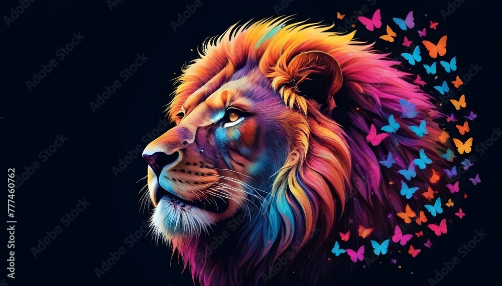 Colorful lion with a mane in shades of purple , surrounded by butterflies on a dark background
