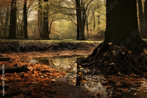 Woodland background, An autumnal woodland scene with falling leaves, AI generated