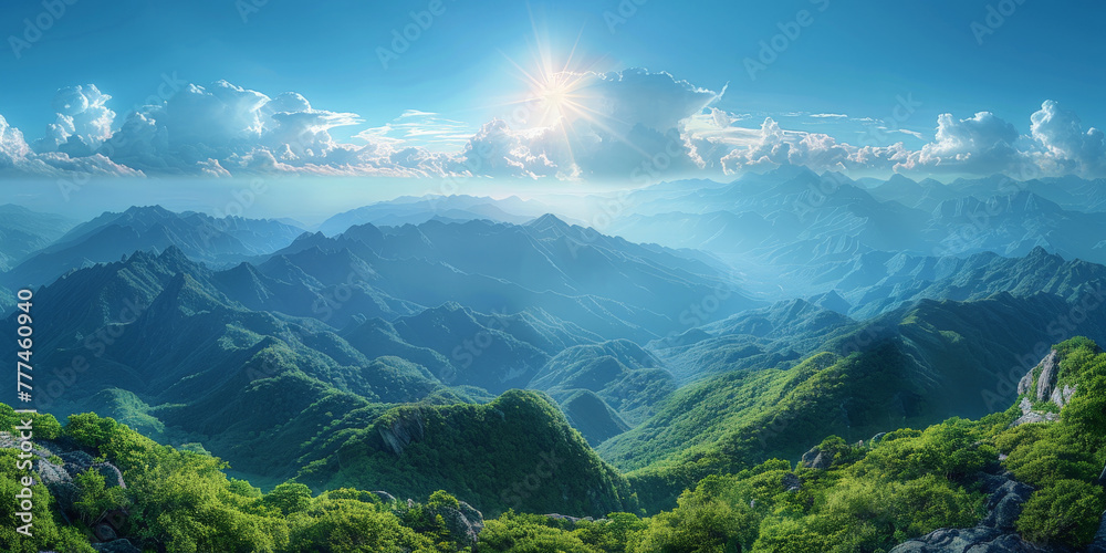 panorama view of mountains, The sun shines on the top of mountain, overlooking a wide view of mountains and valleys below.banner panorama view of mountains, The sun shines on the top of mountain, overlooking a wide view of mountains and valleys below.banner