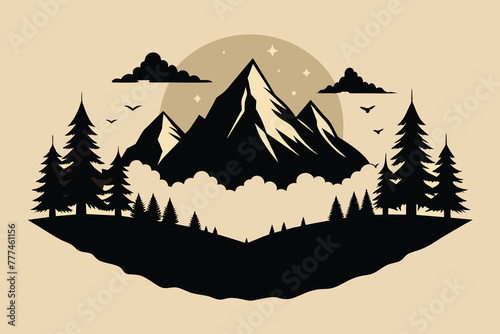 Hand drawn vector nature illustration with mountains and forest on first view. Using for travel and nature background