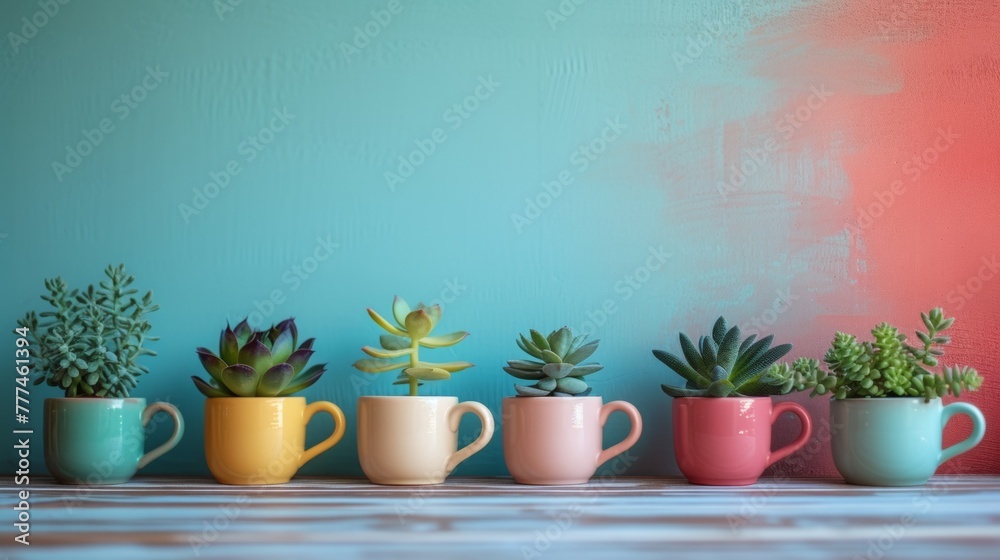 A row of five mugs with succulents in them lined up, AI A row of five mugs with succulents in them lined up, AI