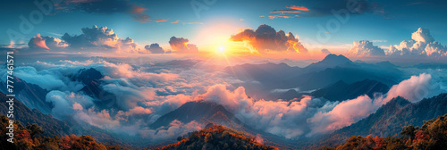 The sun shines on the top of mountain, overlooking a wide view of mountains and valleys below.sunset in the mountains, sunrise in the mountains