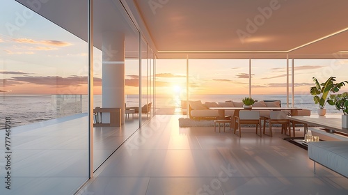 Photograph of a modern open plan living room with a dining table and sofa, glass windows overlooking the ocean at sunset photo