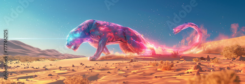 Cybernetic panther in a desert. Landscape in the style of futuristic surrealism