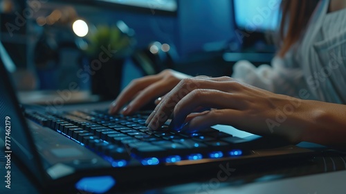 Closeup of business woman hands typing on keyboard, working online in modern office. Programmer, coder using laptop computer at workplace Remote job concept. copy space for text.