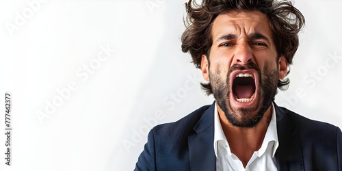 Exhausted businessman character with a yawn of fatigue in the fight against business challenges on a plain white background photo
