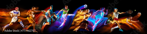 Competitive spirit. Athletes of different sports, men and women in motion, training on black background in neon with mixed lights. Concept of sport, competition, tournament, action, dynamics. Banner