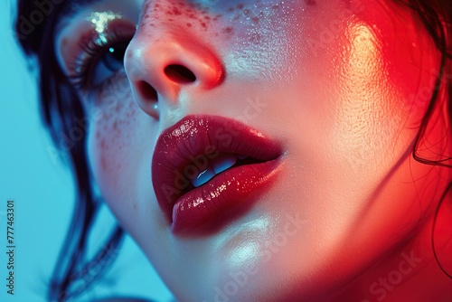 A woman with red lipstick and freckles on her face