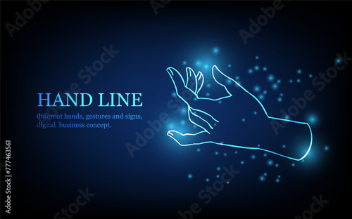 Human hand line, different hands, gestures and signs, digital business concept, futuristic digital innovation background vector illustration.