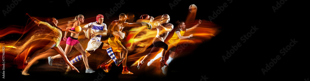 Fototapeta premium Dynamic poses. Athletes of different sport in motion, training on black background in neon with mixed lights. Concept of sport, competition, tournament, action, dynamics. Banner