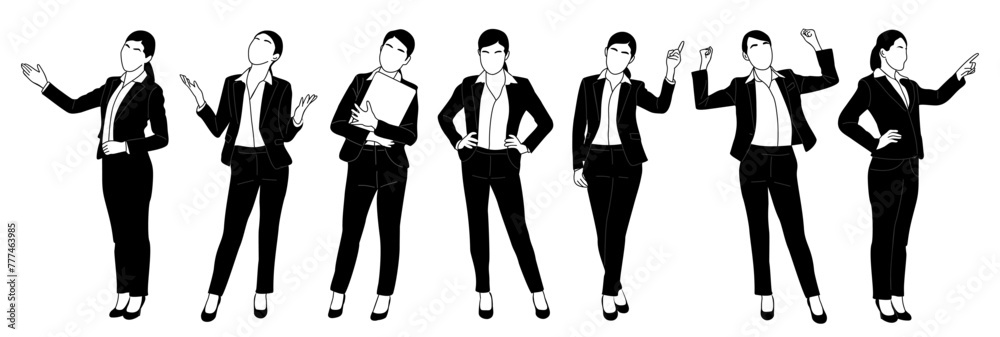 Set of Business woman character in different poses. Pretty young lady boss wearing formal suit standing with laptop, pointing to the side and up. Vector outline drawing on transparent background.