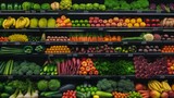 Supermarket shelves full of fresh fruits and vegetables. There are a lot of colorful products on the shelves