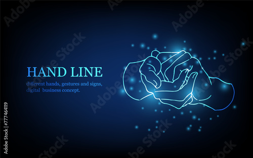 Human hand line, different hands, gestures and signs, digital business concept, futuristic digital innovation background vector illustration.