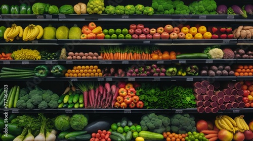 Supermarket shelves full of fresh fruits and vegetables. There are a lot of colorful products on the shelves