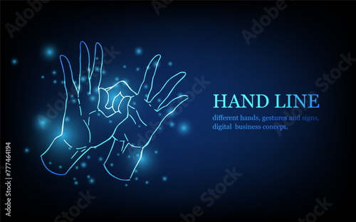 Human hand line, different hands, gestures and signs, digital business concept, futuristic digital innovation background vector illustration.