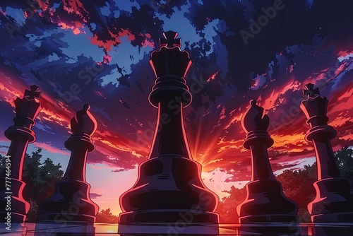 checkmate position with the losing king surrounded by the winning pieces, highlighting the importance of foresight and planning. cartoon anime manga photo