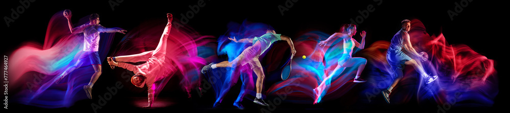 © master1305 - Dynamic images of athletes of different sport in motion, training on black background in neon with mixed lights. Concept of sport, competition, tournament, action, dynamics. Banner © master1305 - Dynamic images of athletes of different sport in motion, training on black background in neon with mixed lights. Concept of sport, competition, tournament, action, dynamics. Banner
