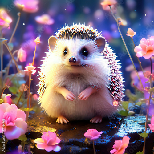 Cute prickly hedgehog sits on a stump among bright flowers in the forest