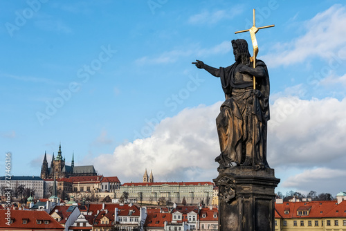 View of old town and famous St. Vitus Cathedral from the Charles Bridge in Prague, Czech Republic.