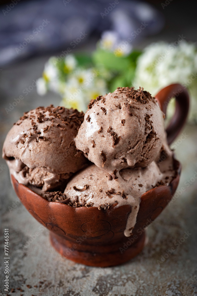 Sweet ludo: Chocolate ice cream with chocolate chips in a beautiful bowl for dessert. Close-up