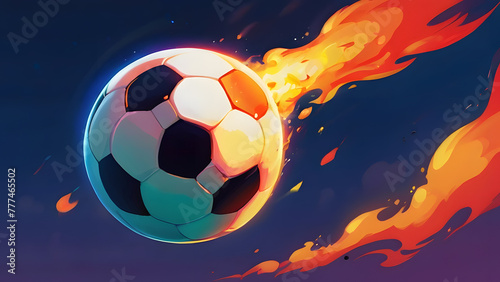 Soccer ball with fire tongues falling in flame blaze. sport inventory, competition or tournament promotion. cartoon flying ball on dark background photo
