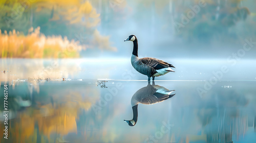A majestic goose standing gracefully by the serene lake, its reflection mirrored in the tranquil waters