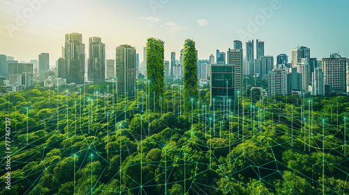 Green city technology shifting towards sustainable alteration concept by clean energy , recycling and zero waste management to reduce pollution generation. photo