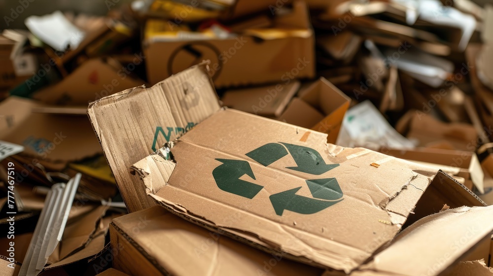 Stack of Recyclable Paper and Cardboard with Recycling Symbol