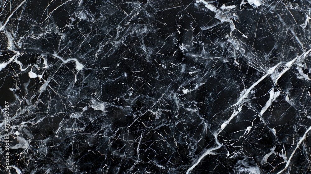 A high-end black marble texture with a matte finish and random patterns of white and light grey veins. This texture exudes elegance and is perfect for luxurious wallpaper designs.