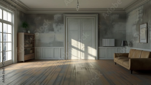 an AI-generated representation of an empty living room  highlighting architectural features and a grey wall background attractive look