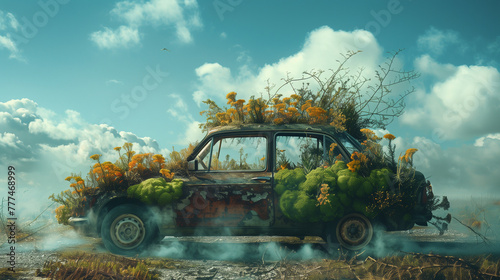 Nature reclaims an abandoned vehicle, covering it with lush greenery and vibrant flowers, creating a striking contrast against a clear blue sky. photo