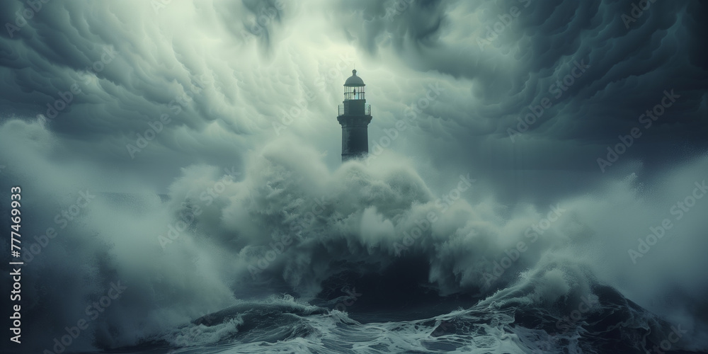 In a digital masterpiece, a lighthouse stands resilient against massive storm waves amidst tumultuous cloud formations, capturing the raw power and fury of nature.
