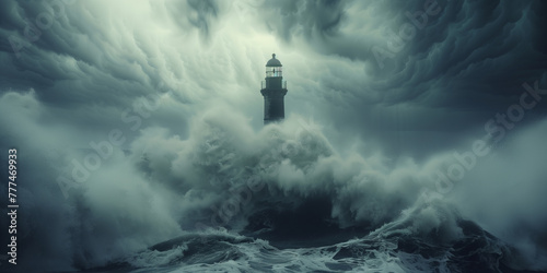 In a digital masterpiece, a lighthouse stands resilient against massive storm waves amidst tumultuous cloud formations, capturing the raw power and fury of nature.