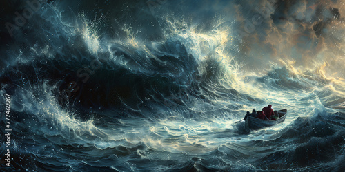 Digital painting of survivors view from a lifeboat with tumultuous ocean waves clash under a stormy sky lightning bolts illuminate the scene amidst the intense energy of thunderclouds.