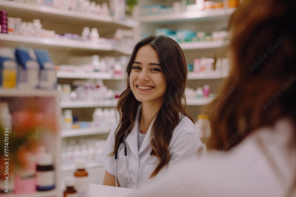 A serene professional female pharmacist counseling a customer with a warm smile in a modern chemist shop