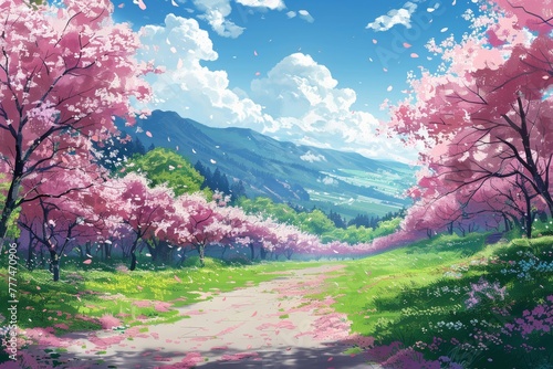 Landscape featuring a school with anime-style illustrations and cherry blossoms in full bloom.