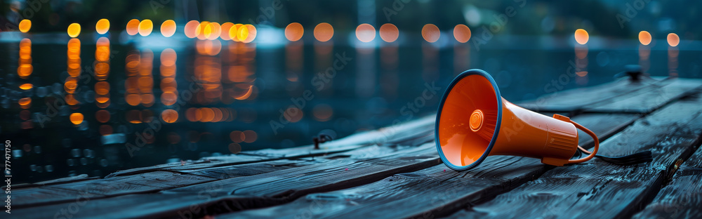 On a peaceful lakeside, an orange megaphone rests on a weathered dock, the bokeh lights of distant boats dancing on the water's surface - obrazy, fototapety, plakaty 