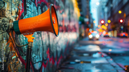 In an urban alleyway, an orange megaphone leans against a graffiti-covered wall, and the bokeh lights from passing cars create a dynamic backdrop photo