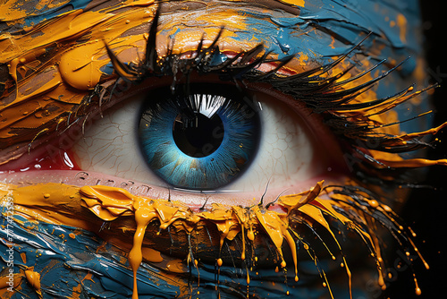 Intense azure eye enveloped in a whirl of dripping gold and blue paint, evoking emotions of raw beauty amidst chaotic artistry, capturing the essence of abstraction. photo