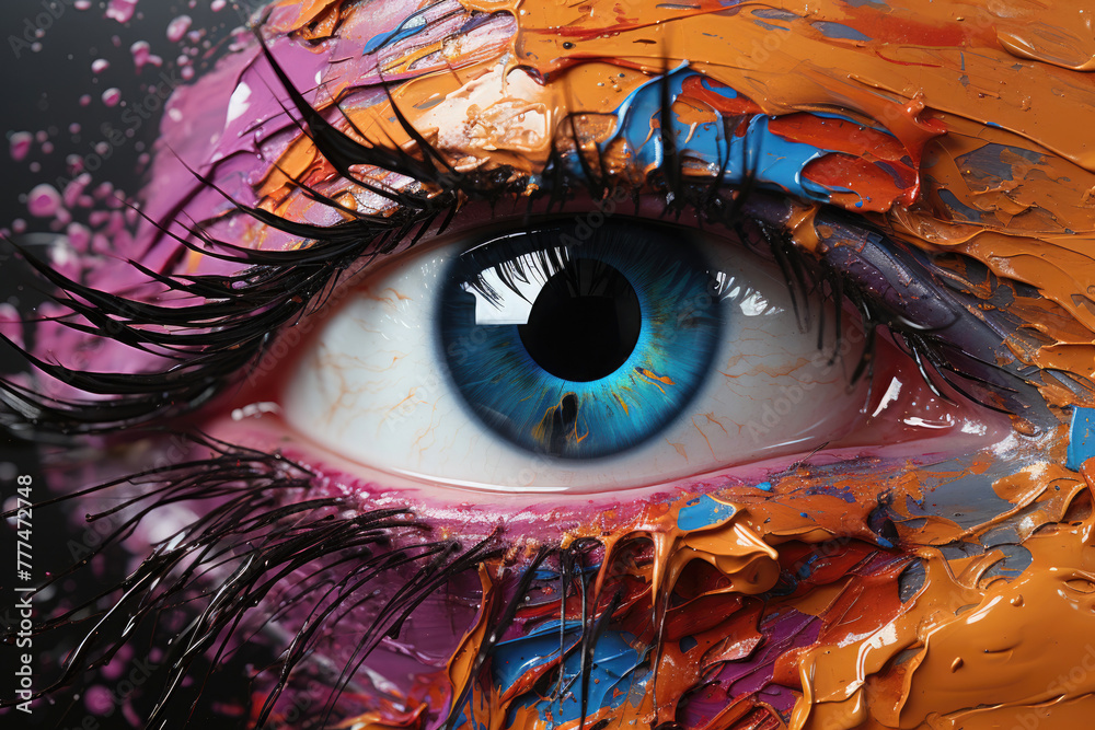 Stunning close-up of a blue eye with vivid paint splatters and detailed lashes. Evokes creativity, expression, and beauty in a captivating manner.