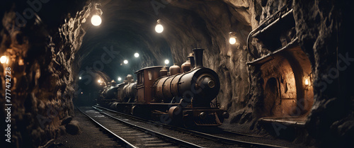 A steam locomotive in an underground tunnel, illuminated by the light of oil lamps, with wooden carriages filled with mine workers and luggage.