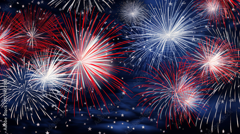Fototapeta premium American independent day for banner, torch, firework flag, luxury ,HAPPY NEW YEAR ,holiday background banner panorama long greeting card - Colorful firework fireworks and sparkling