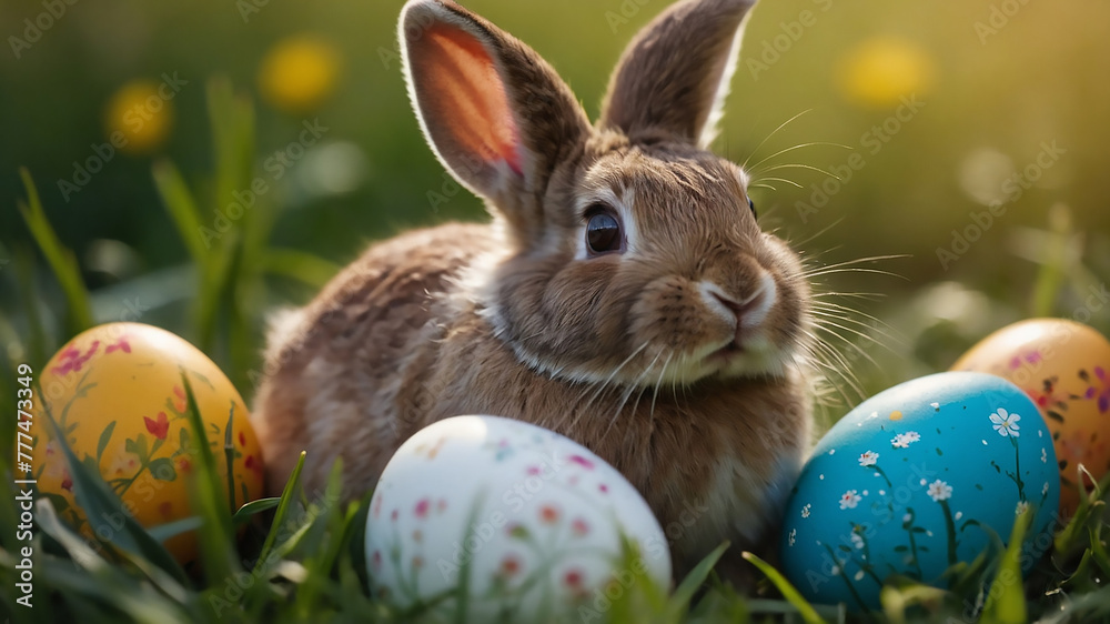 Happy easter bunny in easter meadow with eggs , Ai art 