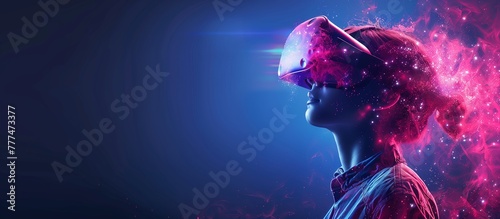 Young woman experience VR headset is using augmented reality eyeglasses VR poster banner concept photo