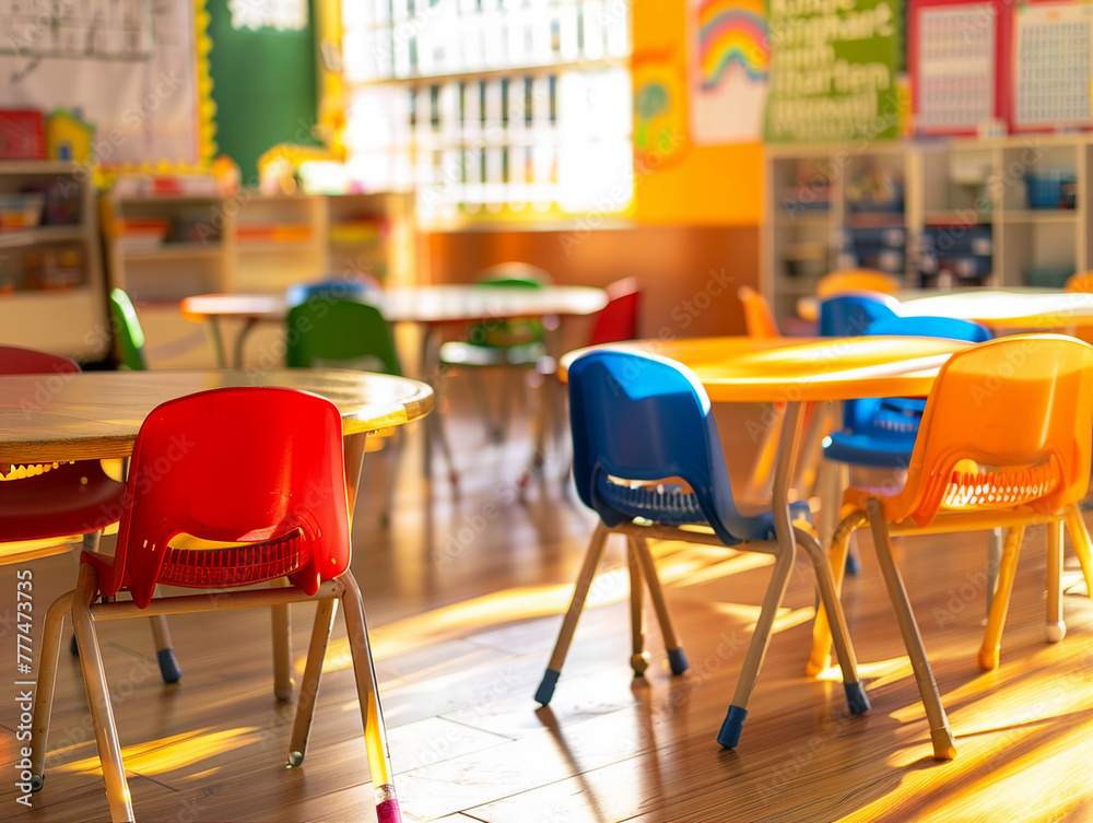 A colorful classroom with chairs A colorful classroom with chairs