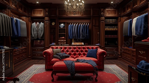 an AI-generated scene that portrays the sophistication of a lavish men s dressing room  with a plush red sofa and an impressive display of top-tier suits attractive look