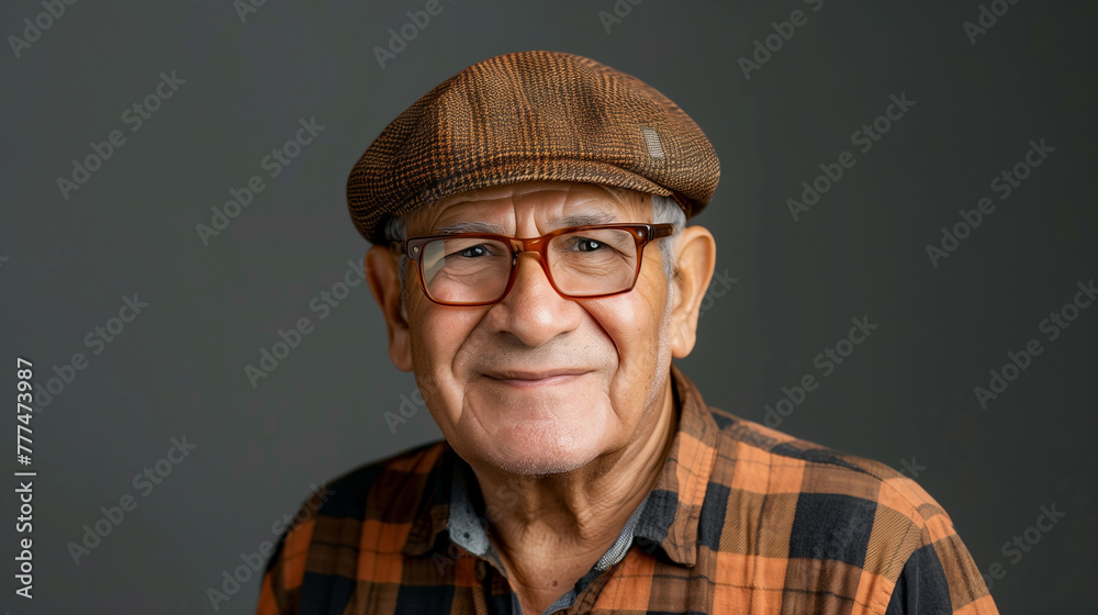 A content senior man with glasses and a tweed cap, smiling at the camera A content senior man with glasses and a tweed cap, smiling at the camera