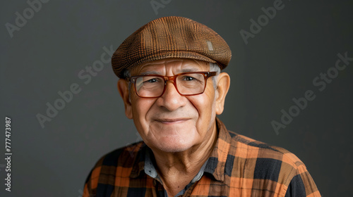 A content senior man with glasses and a tweed cap, smiling at the camera