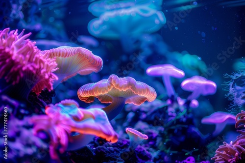 Dive into an underwater world filled with neon lights. where bioluminescent creatures illuminate the depths
